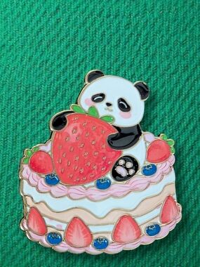 Panda with Strawberry Cake Enamel Pin - Pink, Red, White, Blue